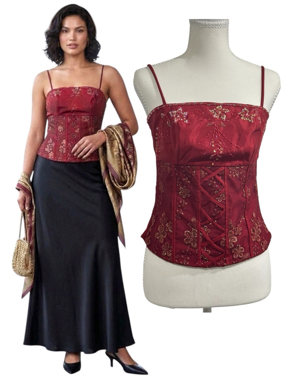 Vintage Y2K Dark Red Beaded Embroidered Mesh Corset Cami Top Faux Lace Up size L